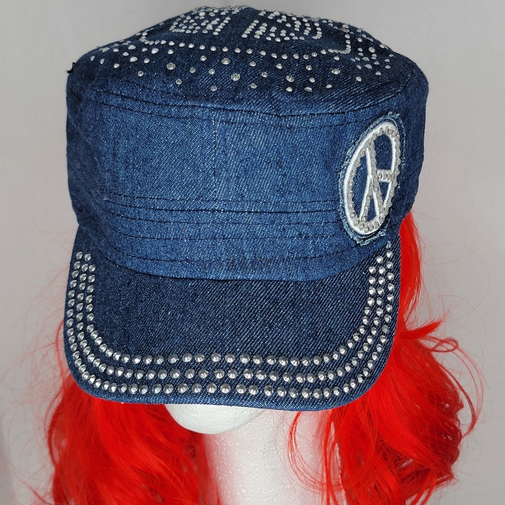 ``H25230 NWT Professional Style Dark Rhinestone Peace Sign Cadet Caps